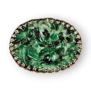 Napier Peking Jade Glass Brooch Green Floral Gold Plated Oval Vintage 60s 1 5/8"